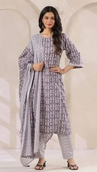 Women’s Slate Grey Floral & Chevron Printed Pure Cotton Kurta Set with Dupatta