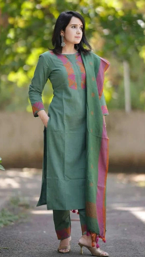 Women’s Sage Green Cotton Kurta Set with Pink-Orange Embroidery & Printed Dupatta