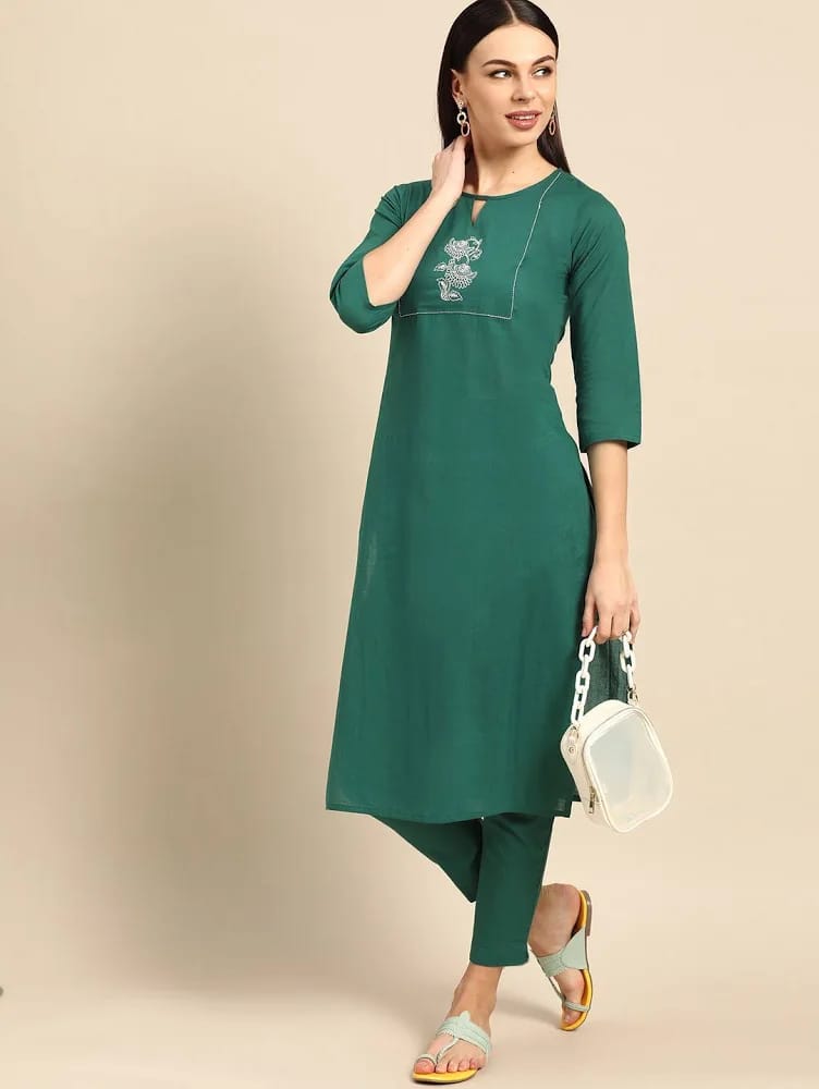 Women’s Bottle Green Embroidered Cotton Kurta with Pants Set