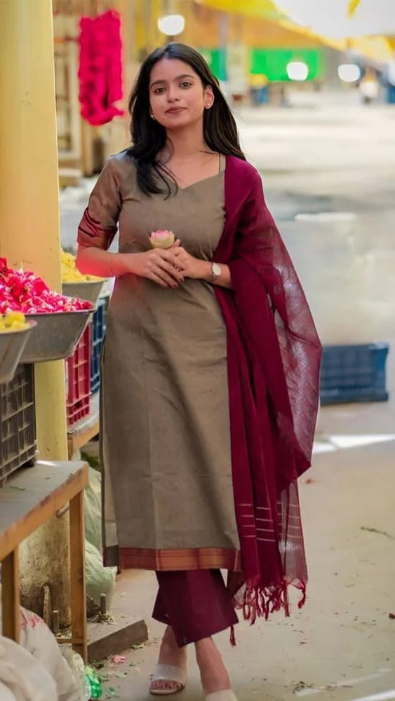 Women’s Taupe Grey Chanderi Silk Kurta Set with Maroon Zari Dupatta