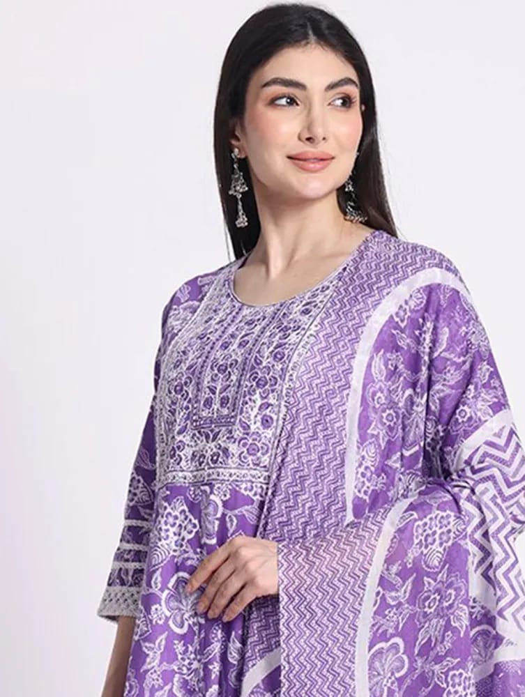 Women’s Lavender Floral Printed Pure Cotton Anarkali Suit Set