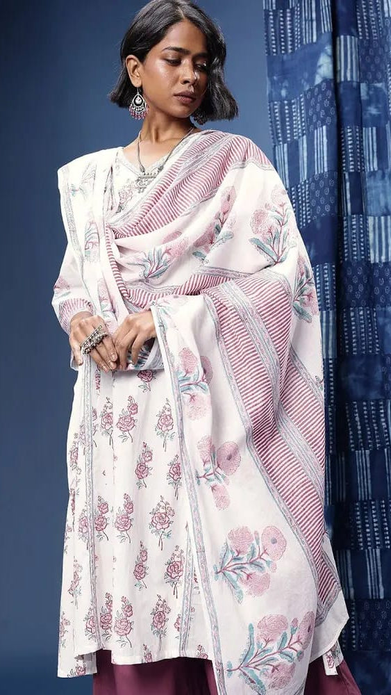Women’s Off-White Floral Printed Cotton A-Line Kurta Set with Wide-Leg Palazzos & Dupatta