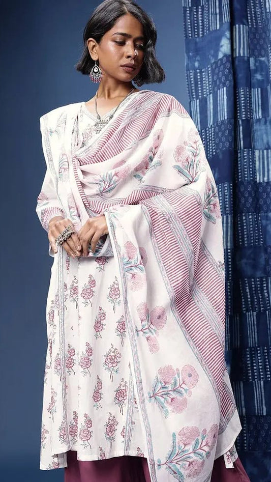 Women’s Off-White Floral Printed Cotton A-Line Kurta Set with Wide-Leg Palazzos & Dupatta