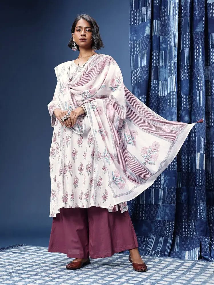 Women’s Off-White Floral Printed Cotton A-Line Kurta Set with Wide-Leg Palazzos & Dupatta