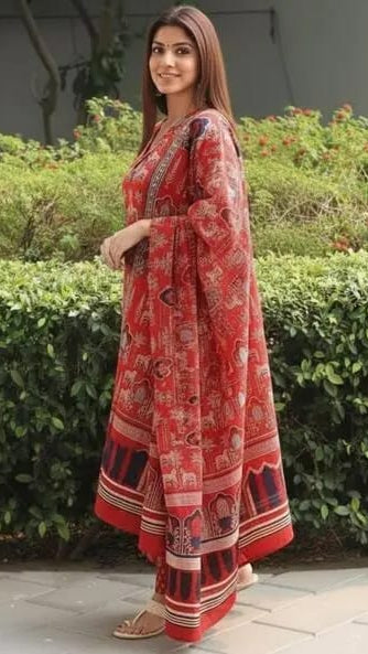 Women’s Rust Red Kalamkari Printed Cotton Kurta Set with Dupatta