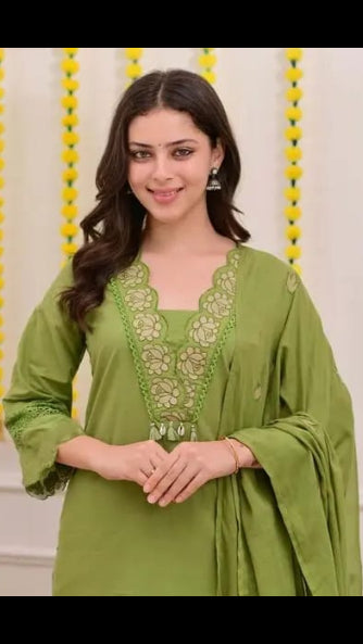 Women’s Olive Green Floral Embroidered Cotton Kurta Set with Scalloped Yoke & Shell Tassels