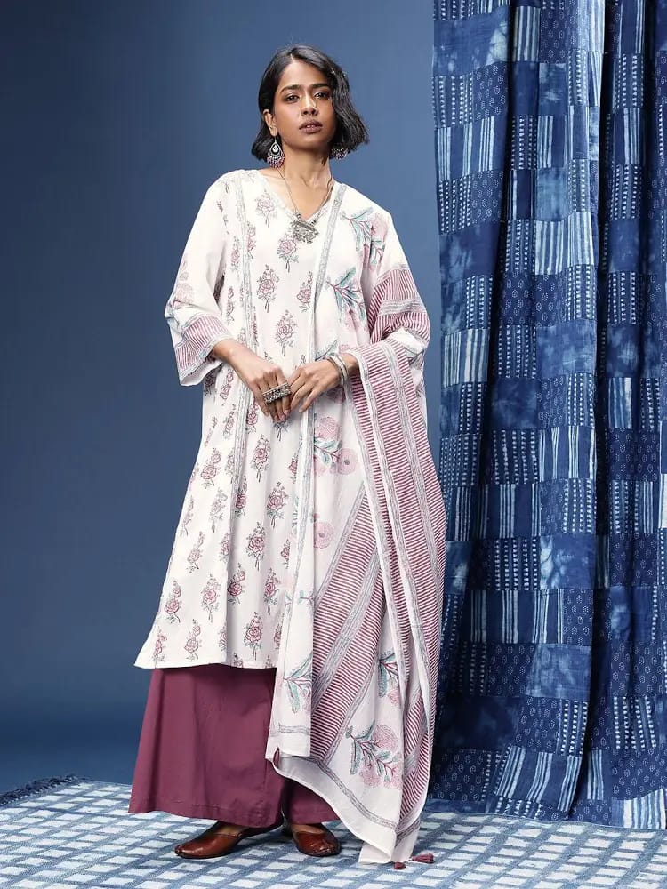 Women’s Off-White Floral Printed Cotton A-Line Kurta Set with Wide-Leg Palazzos & Dupatta