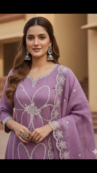 Women’s Mauve Purple White Embroidered Cotton Kurta Set with Scalloped Organza Dupatta