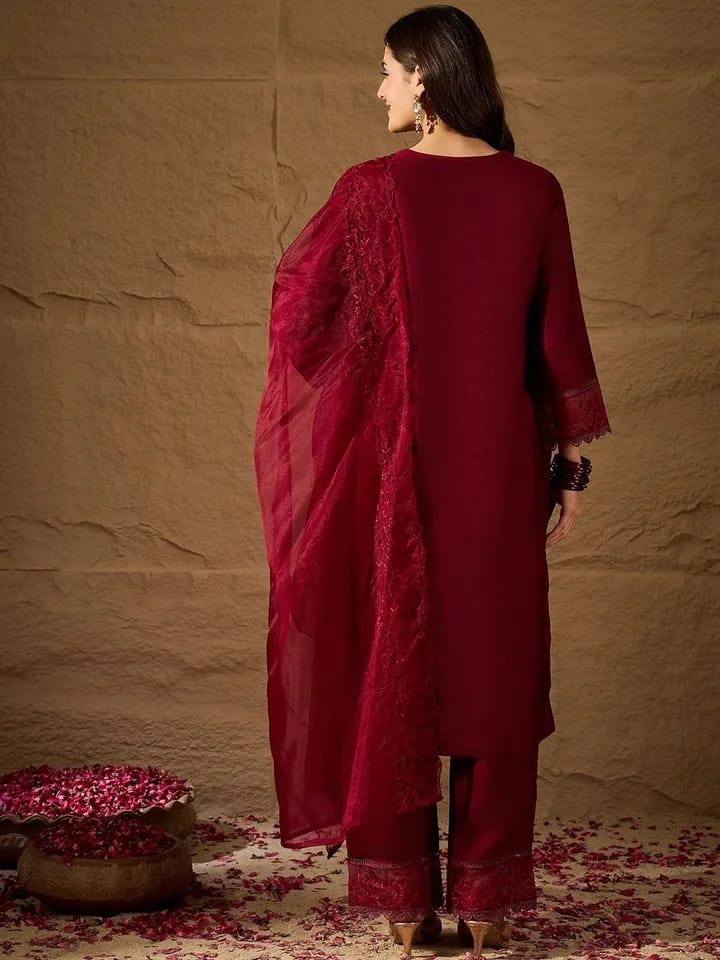 Women’s Maroon Crimson Silk Blend Embroidered Kurta Set with Scalloped Organza Dupatta