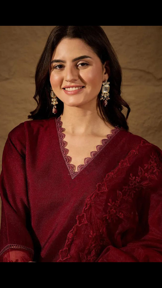 Women’s Maroon Crimson Silk Blend Embroidered Kurta Set with Scalloped Organza Dupatta
