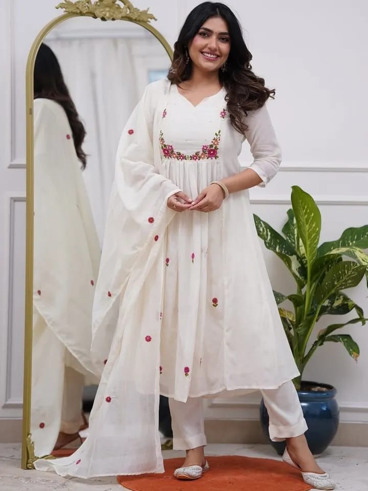 Women’s Off-White Floral Embroidered Cotton Anarkali Suit Set