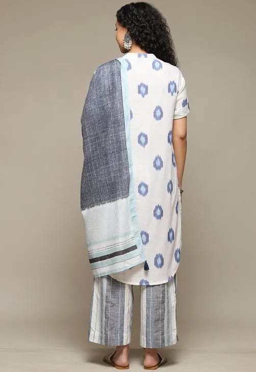 Women’s Off-White & Blue Ikkat Printed Cotton Kurta Set with Striped Trousers & Dupatta