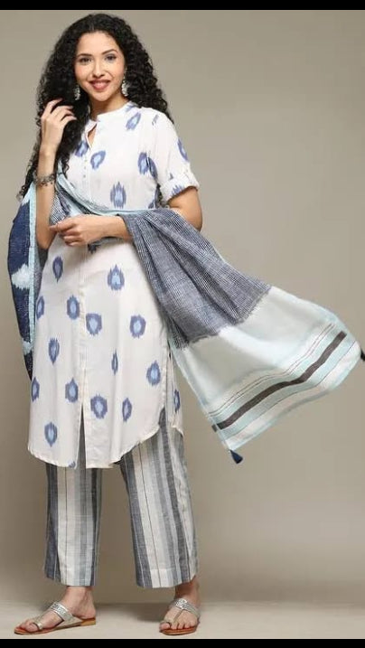 Women’s Off-White & Blue Ikkat Printed Cotton Kurta Set with Striped Trousers & Dupatta