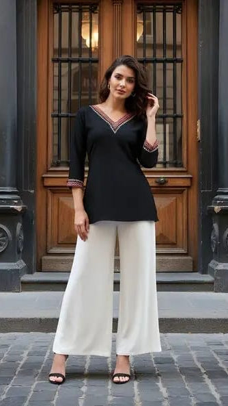 Women’s Black Embroidered V-Neck Short Kurti Top