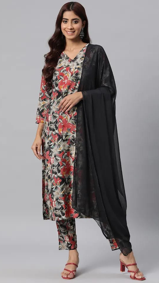 Women’s Black & Red Floral Printed Cotton Kurta Set with Chiffon Dupatta