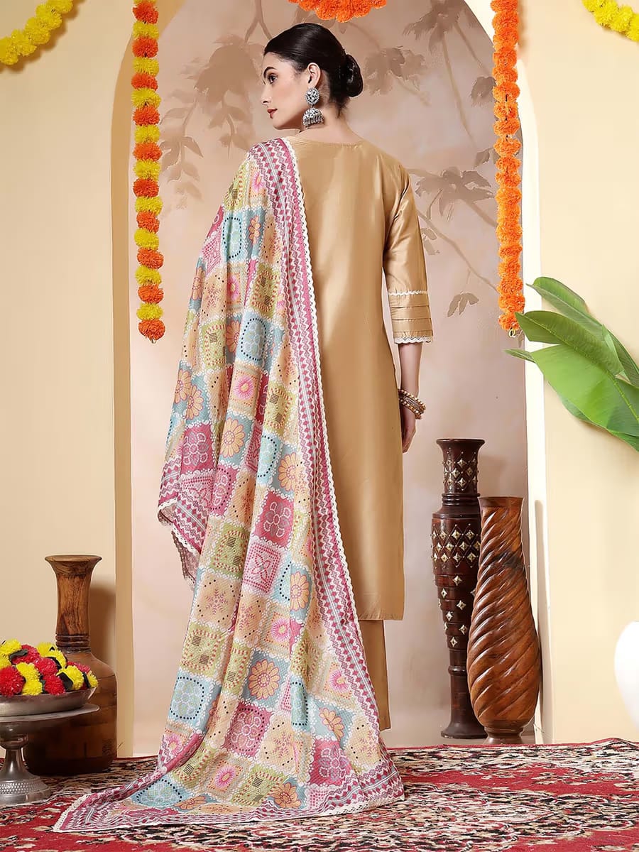 Women’s Beige Gold Silk Blend Embroidered Kurta Set with Multi-Color Phulkari/Geometric Printed Dupatta