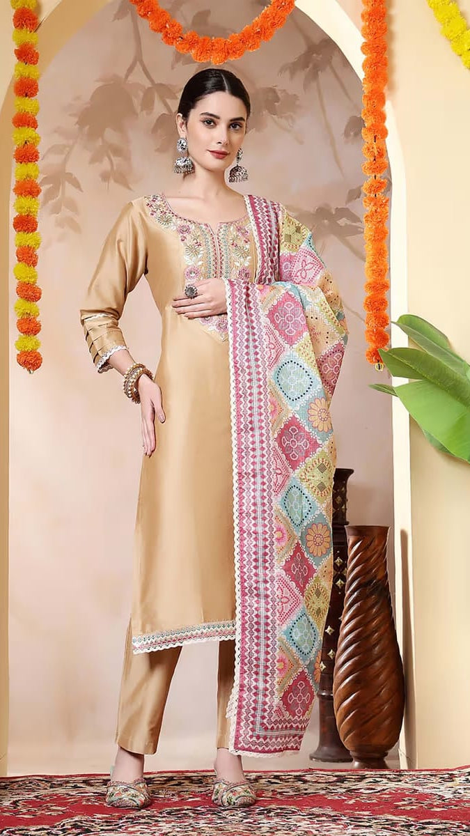 Women’s Beige Gold Silk Blend Embroidered Kurta Set with Multi-Color Phulkari/Geometric Printed Dupatta