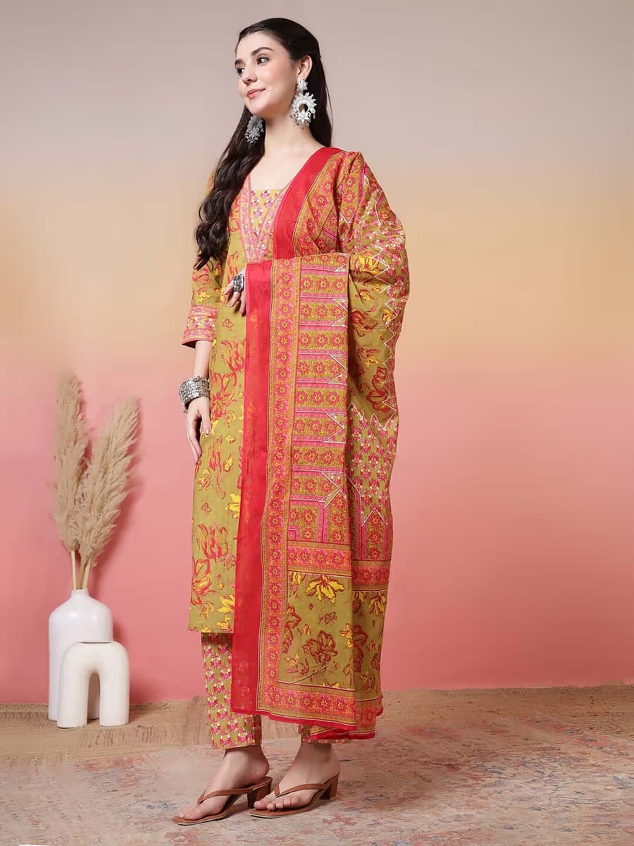 Women’s Mustard & Coral Floral Printed Pure Cotton Kurta Set with Dupatta