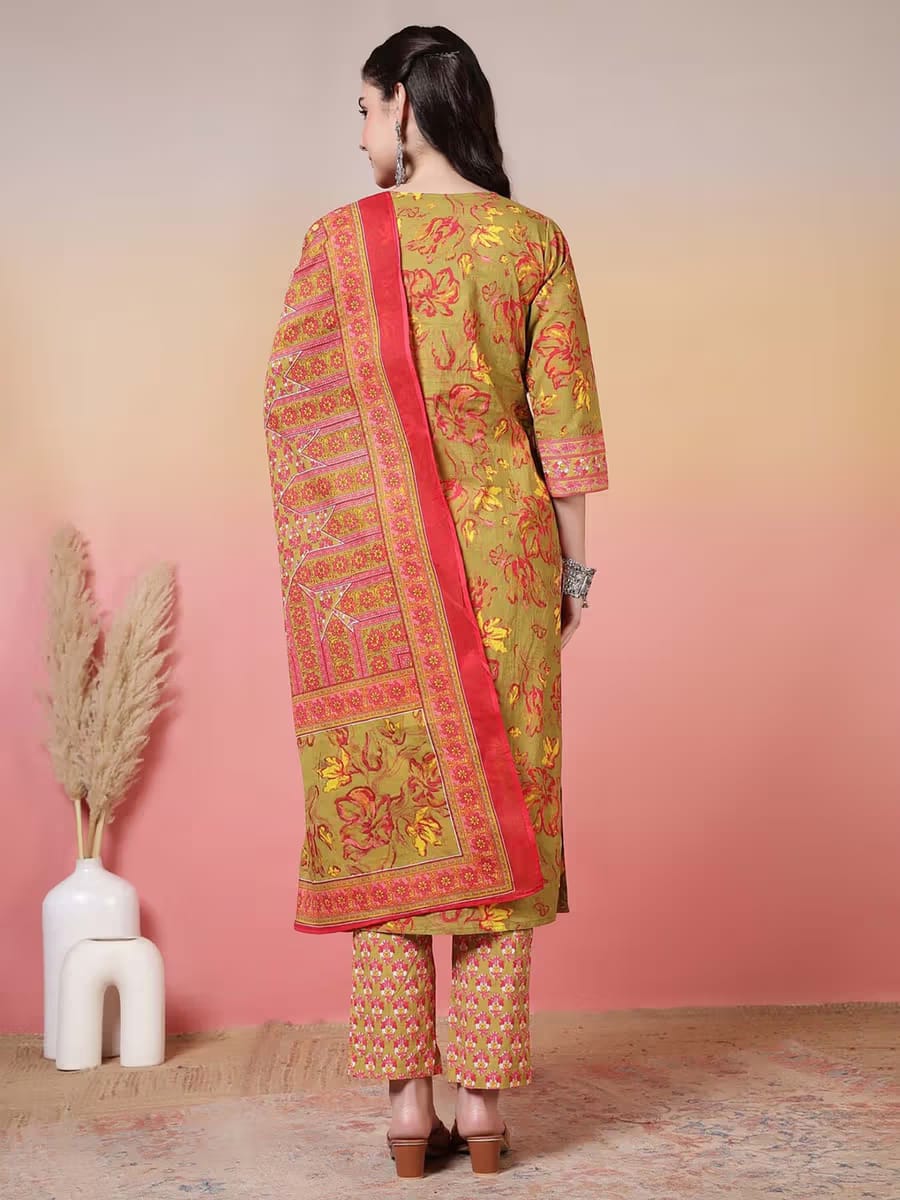 Women’s Mustard & Coral Floral Printed Pure Cotton Kurta Set with Dupatta
