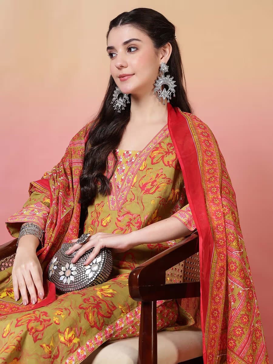 Women’s Mustard & Coral Floral Printed Pure Cotton Kurta Set with Dupatta