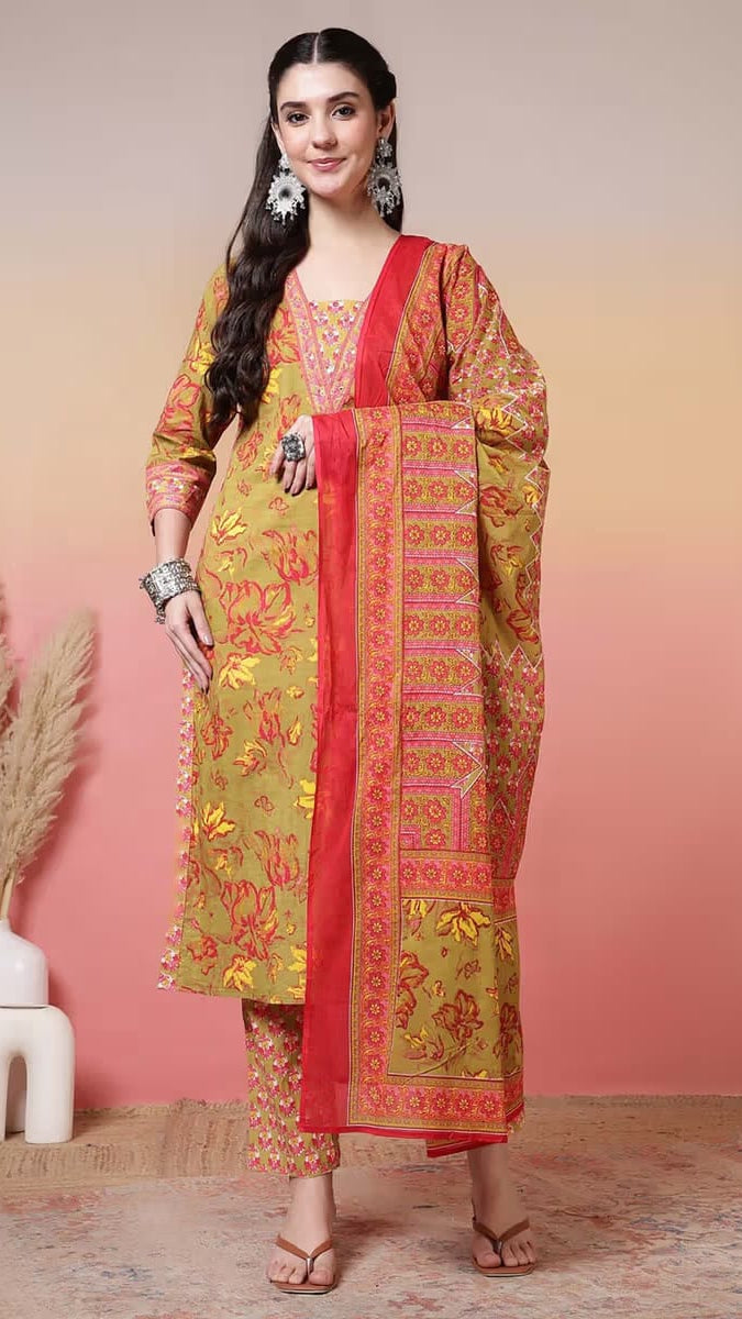 Women’s Mustard & Coral Floral Printed Pure Cotton Kurta Set with Dupatta