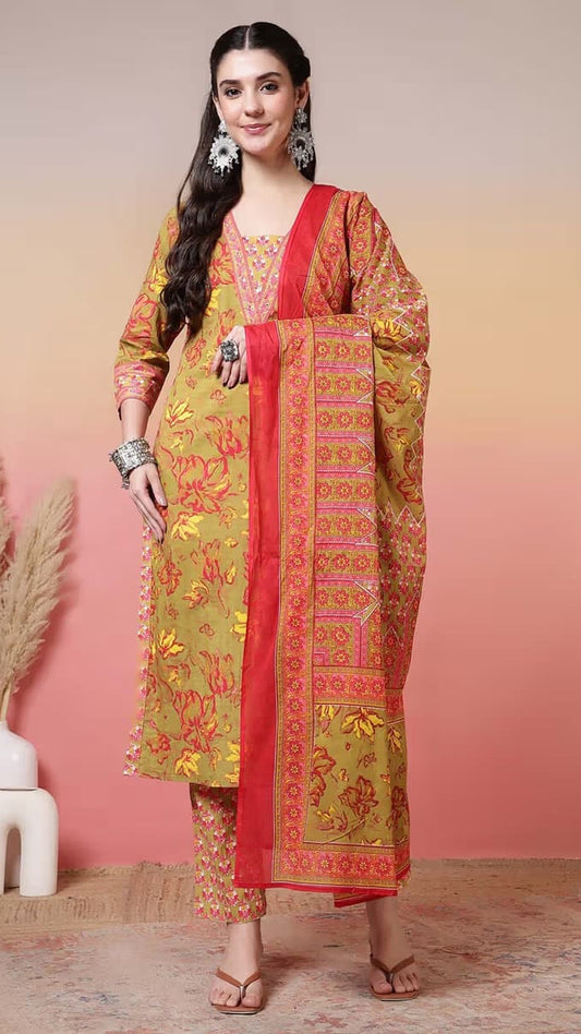 Women’s Mustard & Coral Floral Printed Pure Cotton Kurta Set with Dupatta