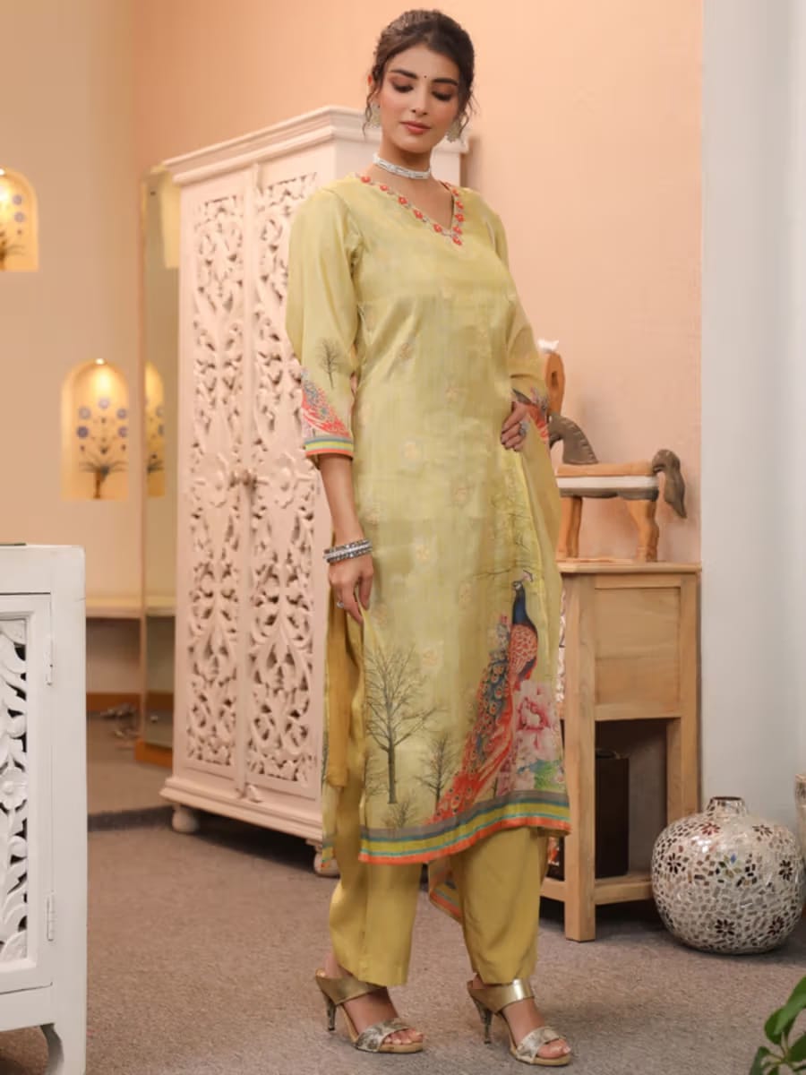 Women’s Pastel Lemon Yellow Floral & Nature Printed Silk Blend Kurta Set with Dupatta