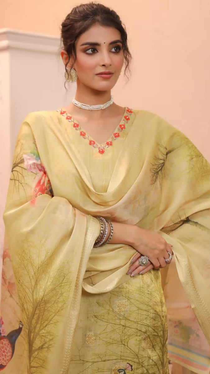 Women’s Pastel Lemon Yellow Floral & Nature Printed Silk Blend Kurta Set with Dupatta
