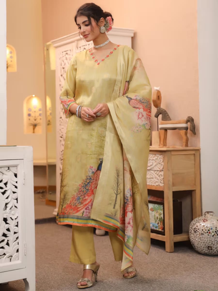 Women’s Pastel Lemon Yellow Floral & Nature Printed Silk Blend Kurta Set with Dupatta