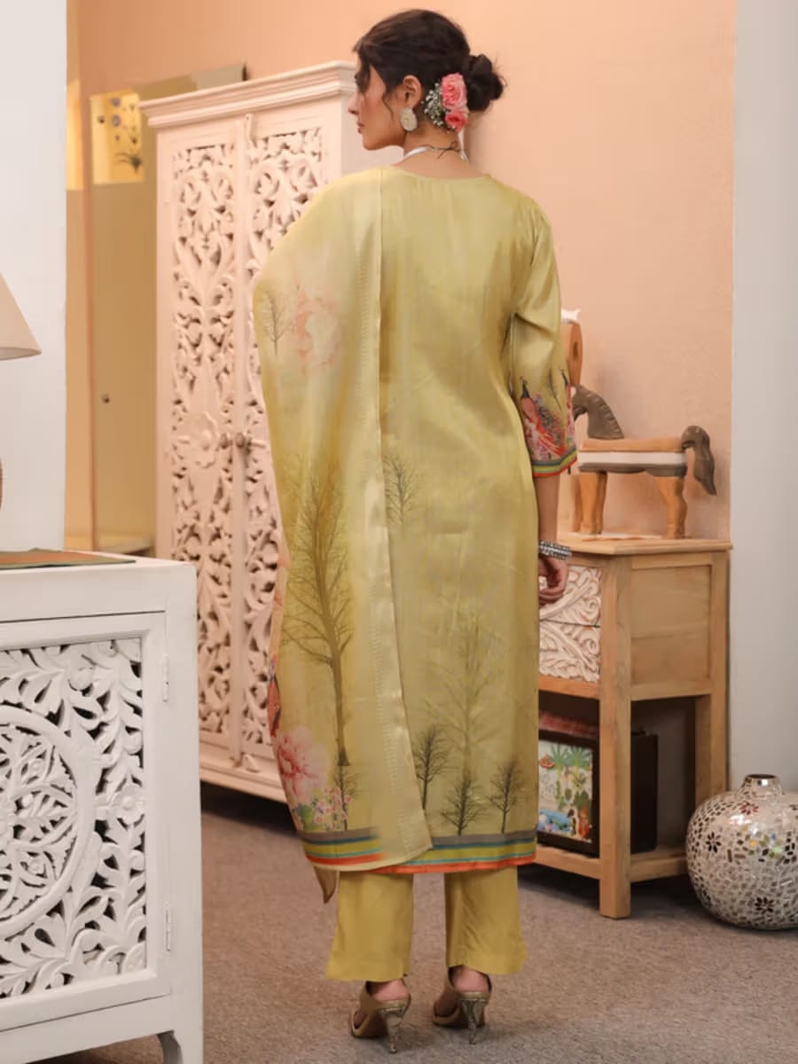 Women’s Pastel Lemon Yellow Floral & Nature Printed Silk Blend Kurta Set with Dupatta