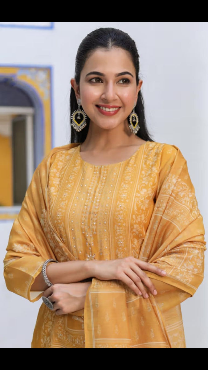 Women’s Mustard Yellow Printed Silk Blend Kurta Set with Chanderi Dupatta