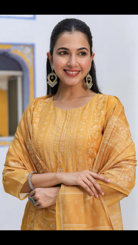 Women’s Mustard Yellow Printed Silk Blend Kurta Set with Chanderi Dupatta