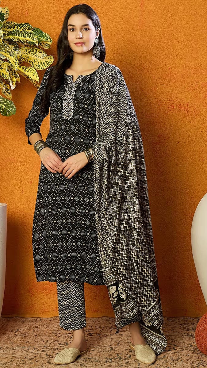 Women’s Black & Off-White Bandhani & Chevron Printed Pure Cotton Kurta Set with Dupatta