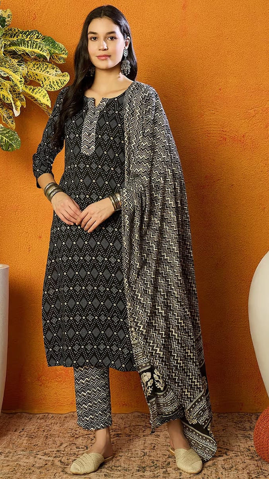 Women’s Black & Off-White Bandhani & Chevron Printed Pure Cotton Kurta Set with Dupatta