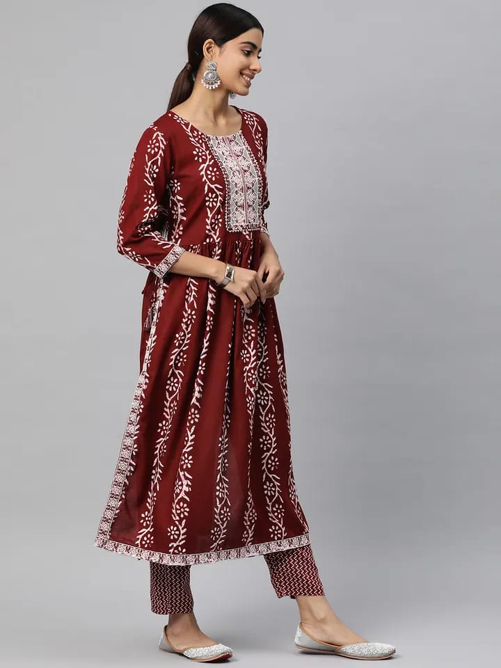 Women’s Maroon Batik & Chevron Printed Pure Cotton Kurta Set with Dupatta