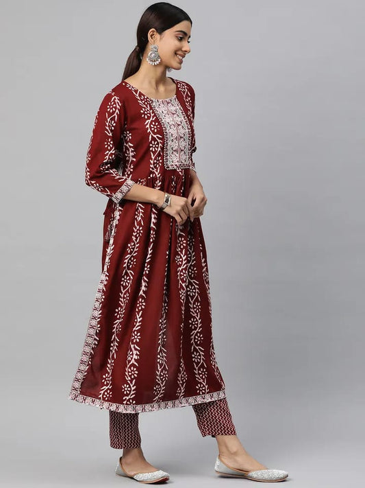 Women’s Maroon Batik & Chevron Printed Pure Cotton Kurta Set with Dupatta