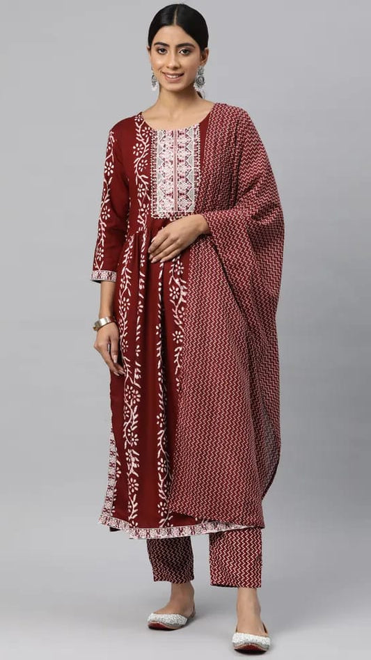 Women’s Maroon Batik & Chevron Printed Pure Cotton Kurta Set with Dupatta