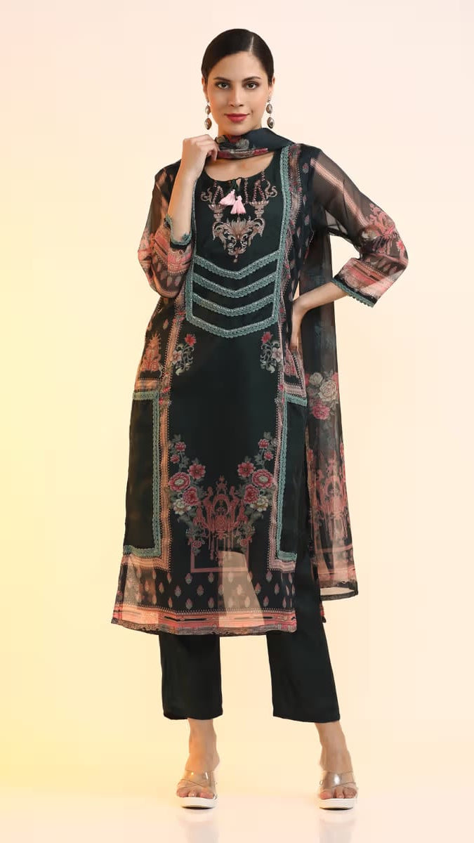 Women’s Dark Green Digital Floral Printed Organza Kurta Set with Tassels & Lace Accent