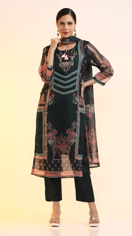 Women’s Dark Green Digital Floral Printed Organza Kurta Set with Tassels & Lace Accent