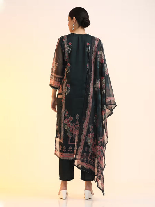 Women’s Dark Green Digital Floral Printed Organza Kurta Set with Tassels & Lace Accent
