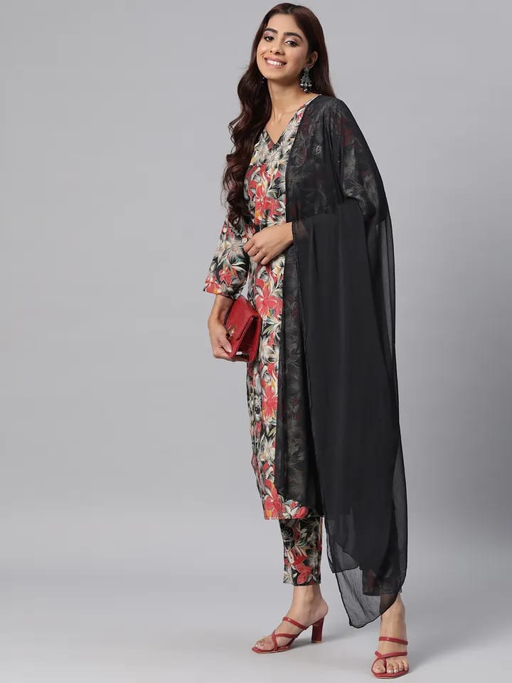 Women’s Black & Red Floral Printed Cotton Kurta Set with Chiffon Dupatta