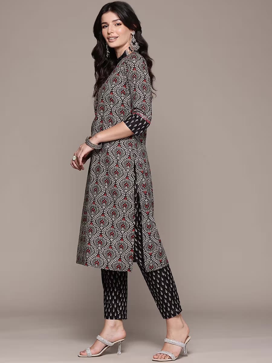 Women’s Black & Red Ajrakh/Bandhani Block Printed Pure Cotton Kurta Set with Dupatta