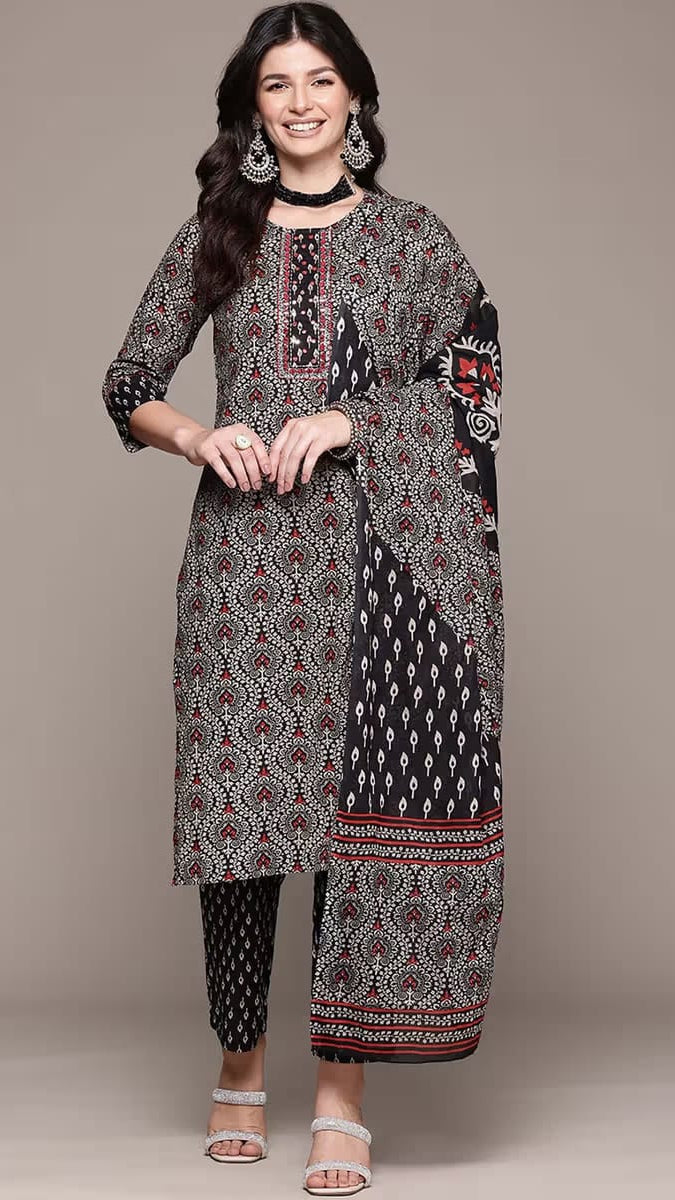 Women’s Black & Red Ajrakh/Bandhani Block Printed Pure Cotton Kurta Set with Dupatta