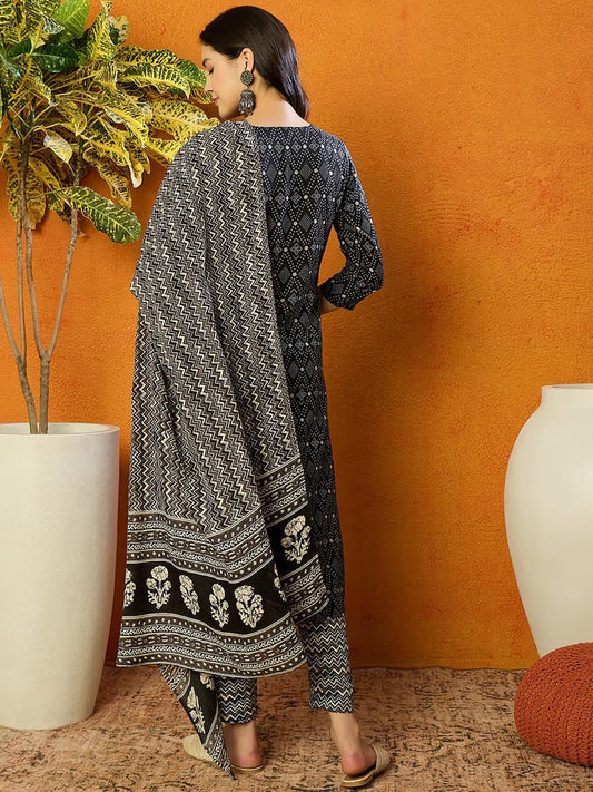 Women’s Black & Off-White Bandhani & Chevron Printed Pure Cotton Kurta Set with Dupatta