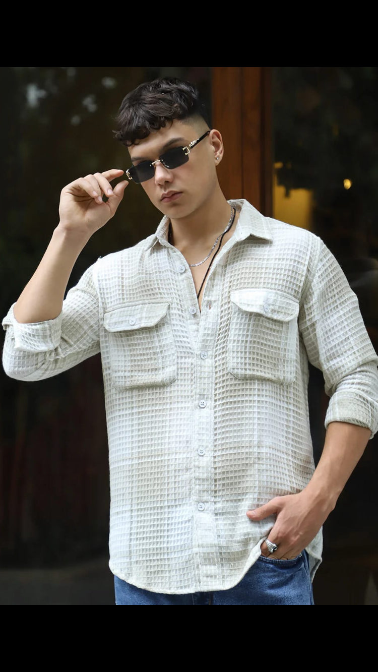 Men’s Off-White Waffle Knit Textured Long Sleeve Casual Shirt with Dual Flap Pockets