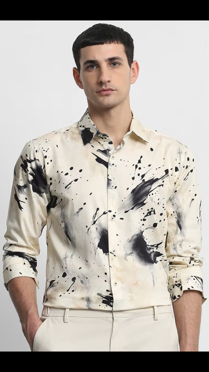 Men’s Cream & Black Paint Splatter Abstract Printed Long Sleeve Shirt