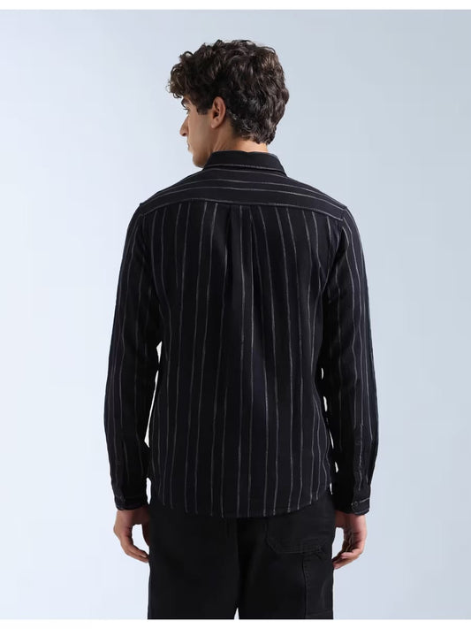 Men’s Black & White Fine Vertical Striped Full Sleeve Casual Shirt with Single Chest Pocket