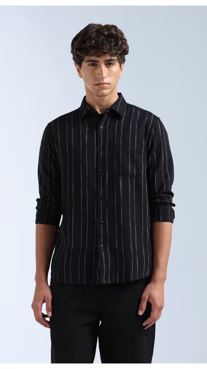 Men’s Black & White Fine Vertical Striped Full Sleeve Casual Shirt with Single Chest Pocket