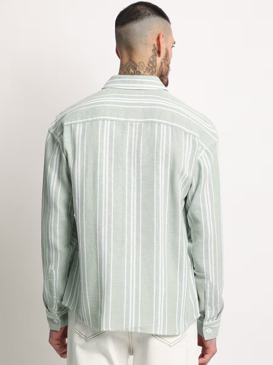 Men’s Sage Green & White Textured Vertical Striped Drop-Shoulder Relaxed Fit Casual Shirt