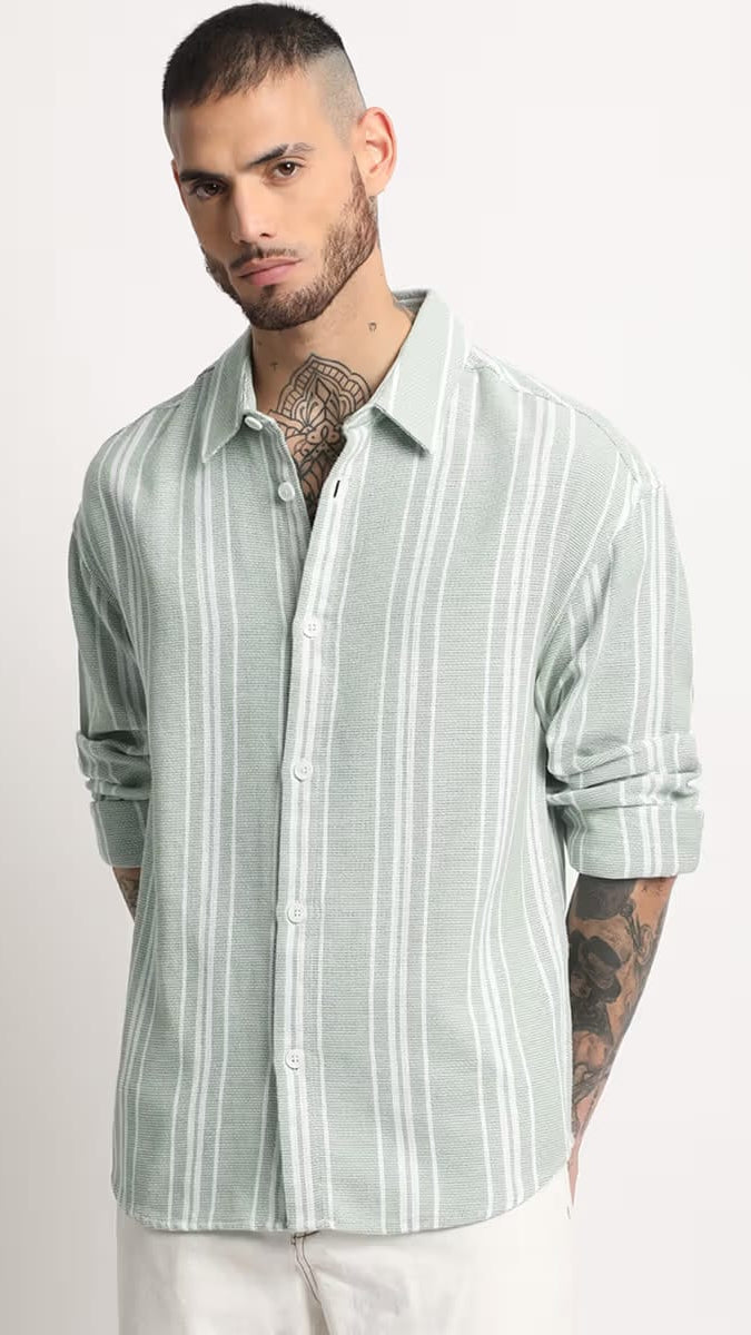 Men’s Sage Green & White Textured Vertical Striped Drop-Shoulder Relaxed Fit Casual Shirt